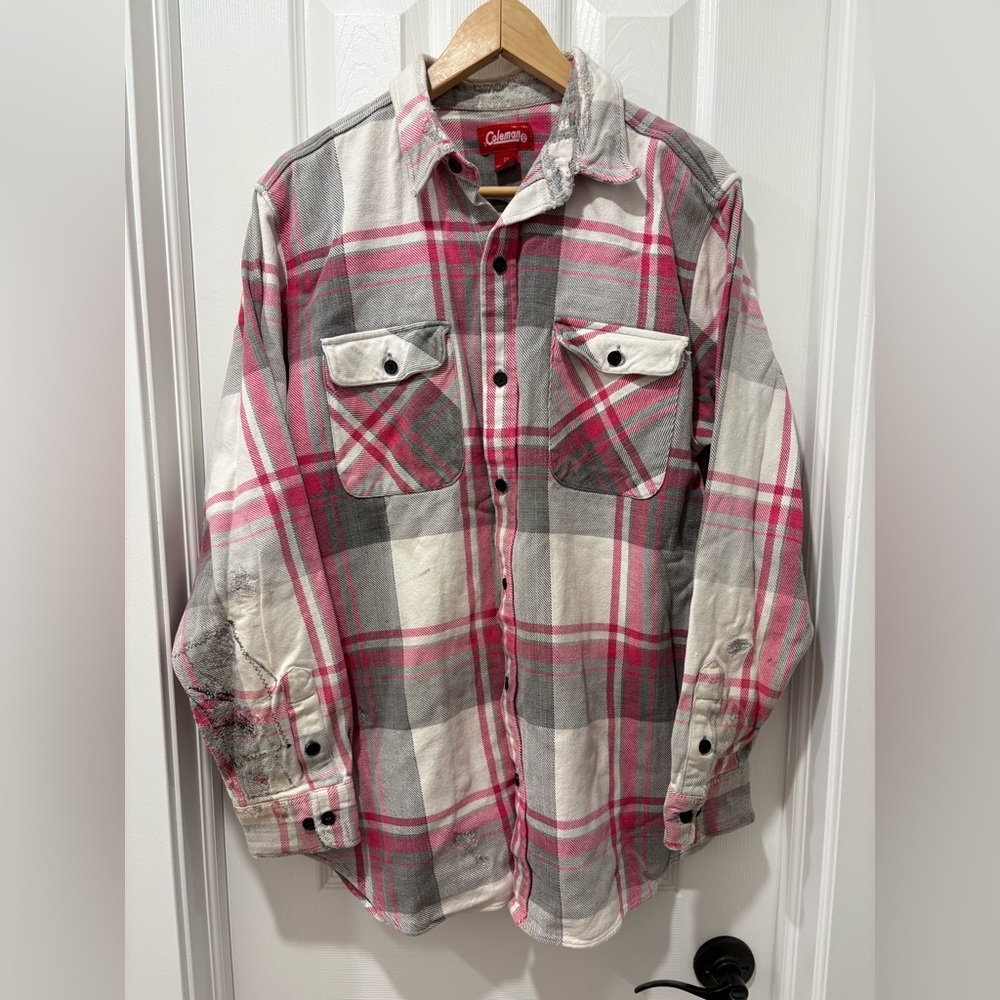 Vintage Coleman Men's Pink and Gray Flannel Plaid Shirt Cotton Distressed